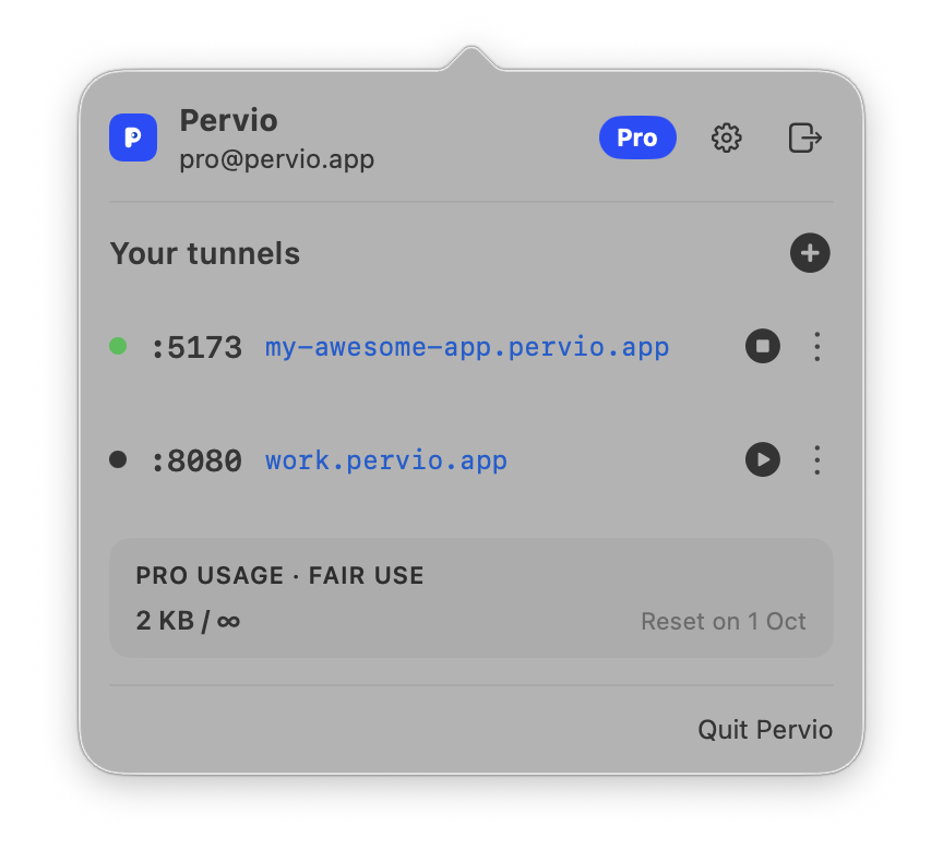 Pervio menu bar showing a connected tunnel to my-awesome-app.pervio.app